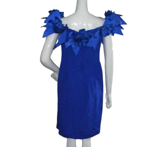 VICTOR COSTA/Lord & Taylor Dress, Vintage 12, Statement shoulders, Blue, Flowers - Picture 6 of 14